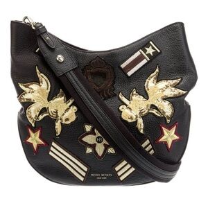 Henri Bendel Black & Gold Embellished Military Glam Hobo Shoulder Bag